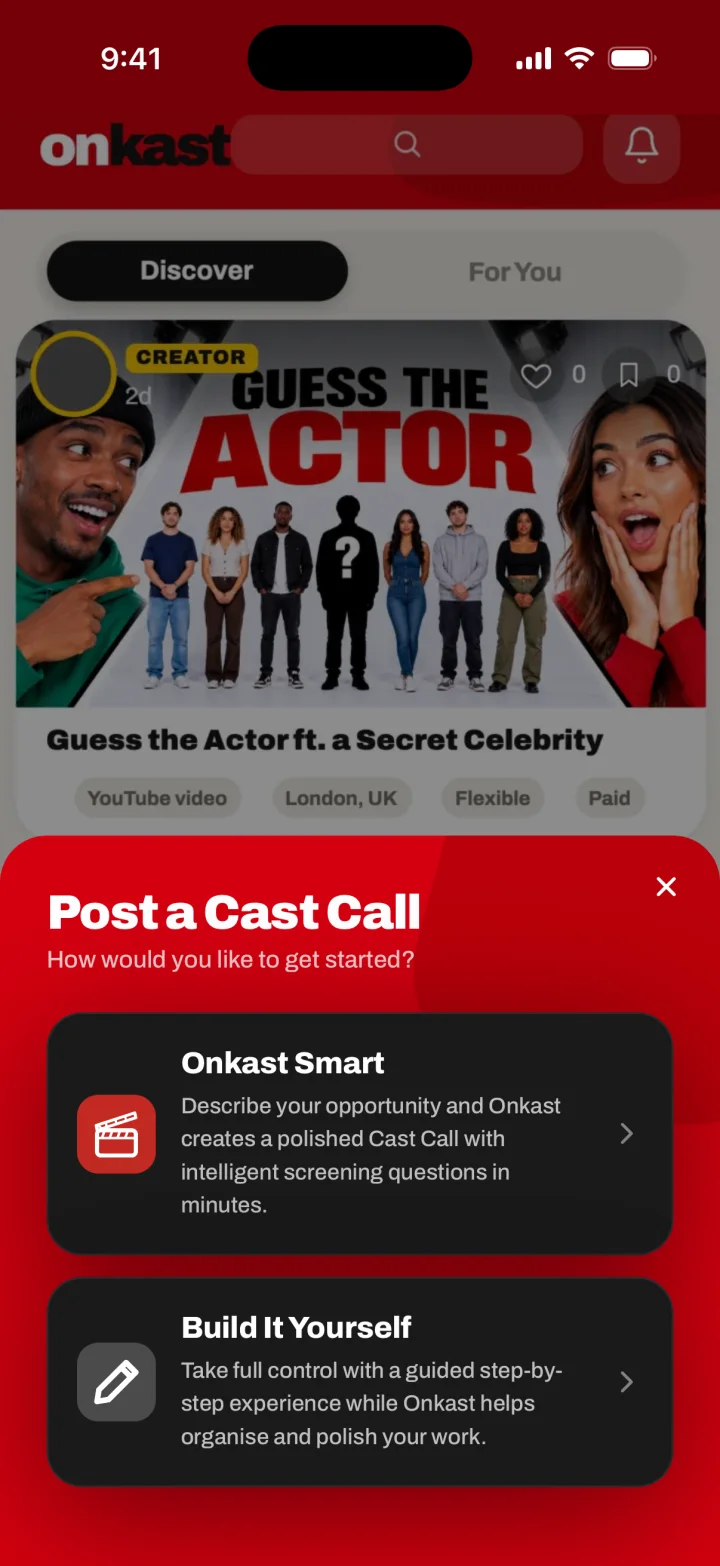 The Onkast Discover screen with the Post a Cast Call sheet open, offering Onkast Smart and Build It Yourself
