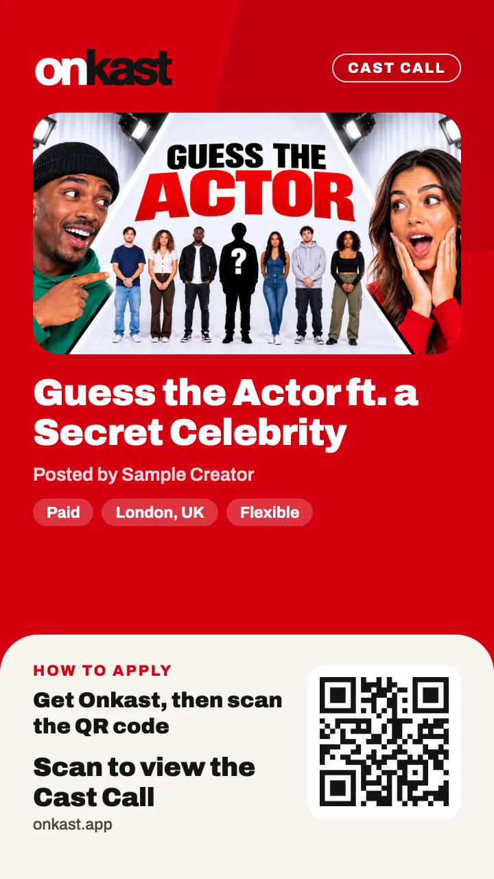 A Cast Call poster made in Onkast, with the Cast Call image, title, tags and a QR code to open it