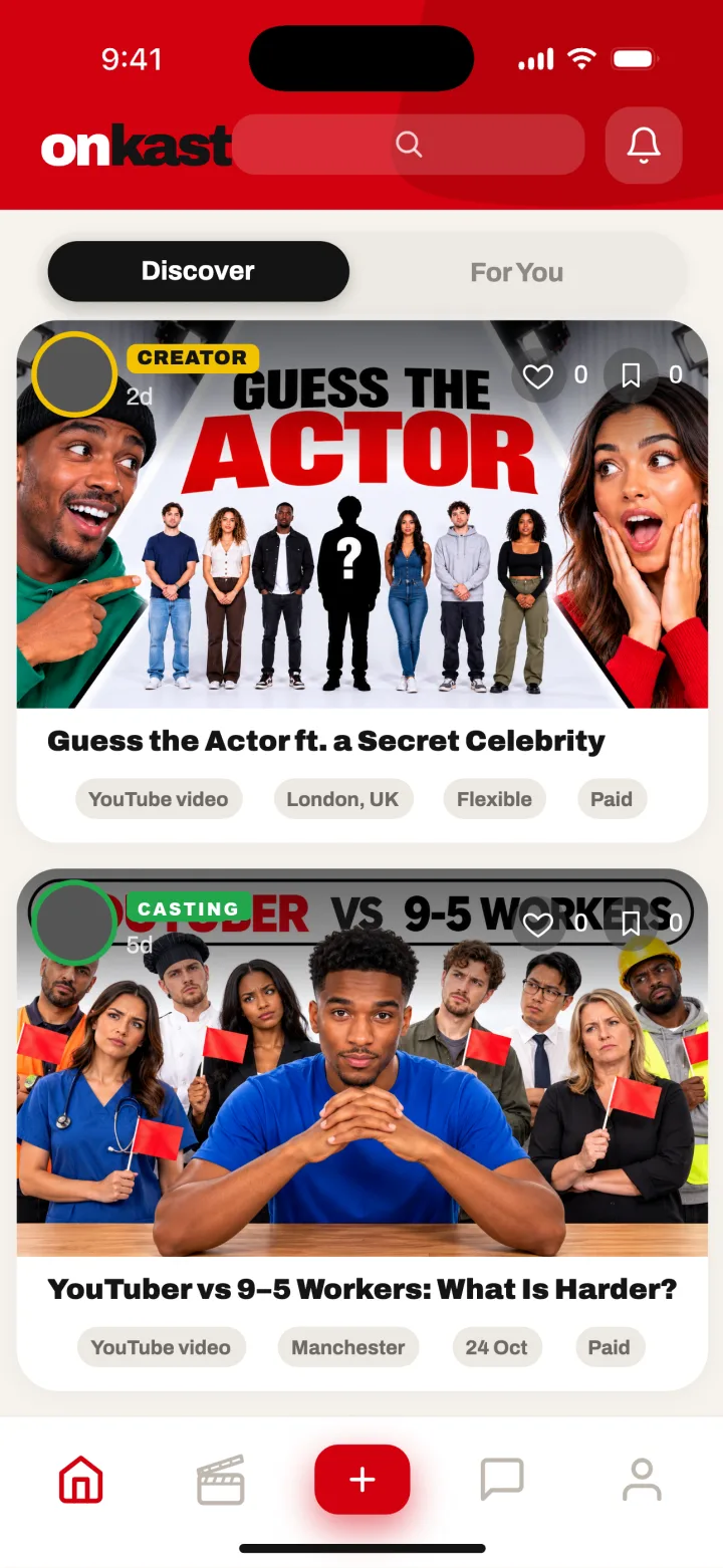 The Onkast Discover feed with Cast Calls, each showing its image, title, place, date and whether it is paid