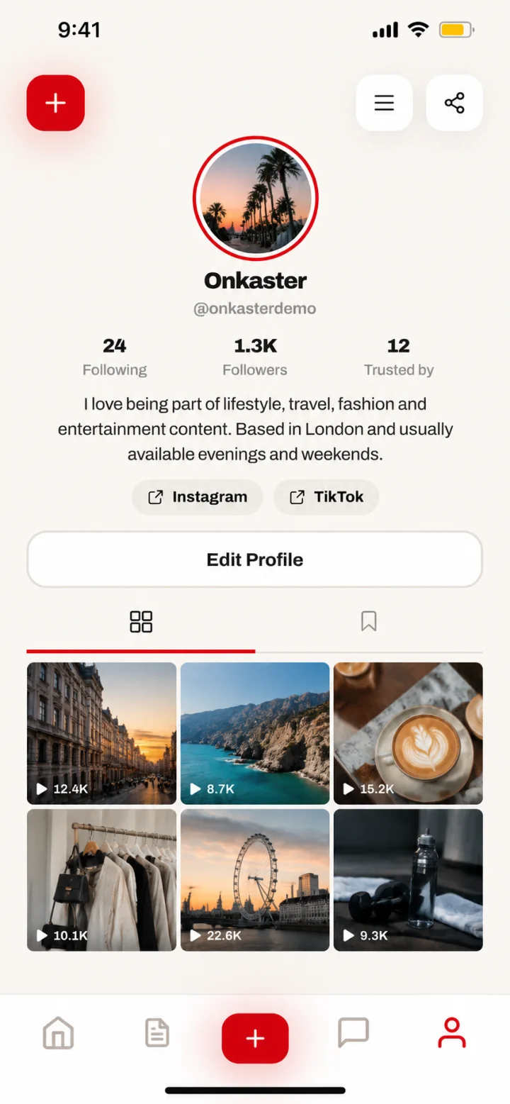 An Onkaster profile with a bio, links, a Trusted by count and a grid of video posts