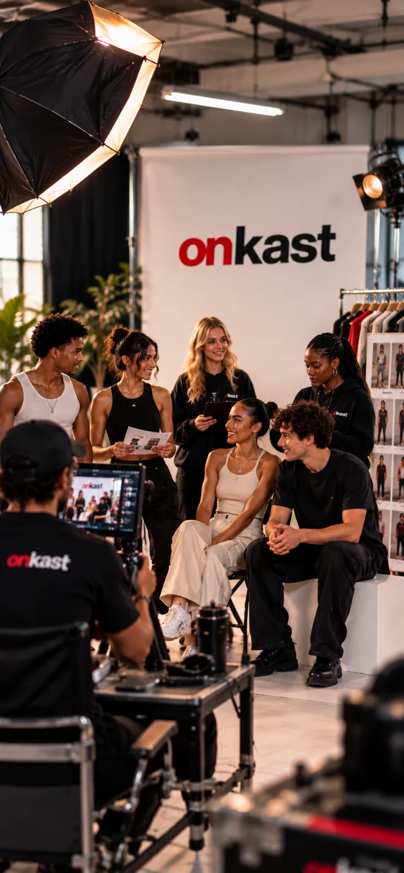 People on a studio shoot with lighting and a camera, looking through casting photographs